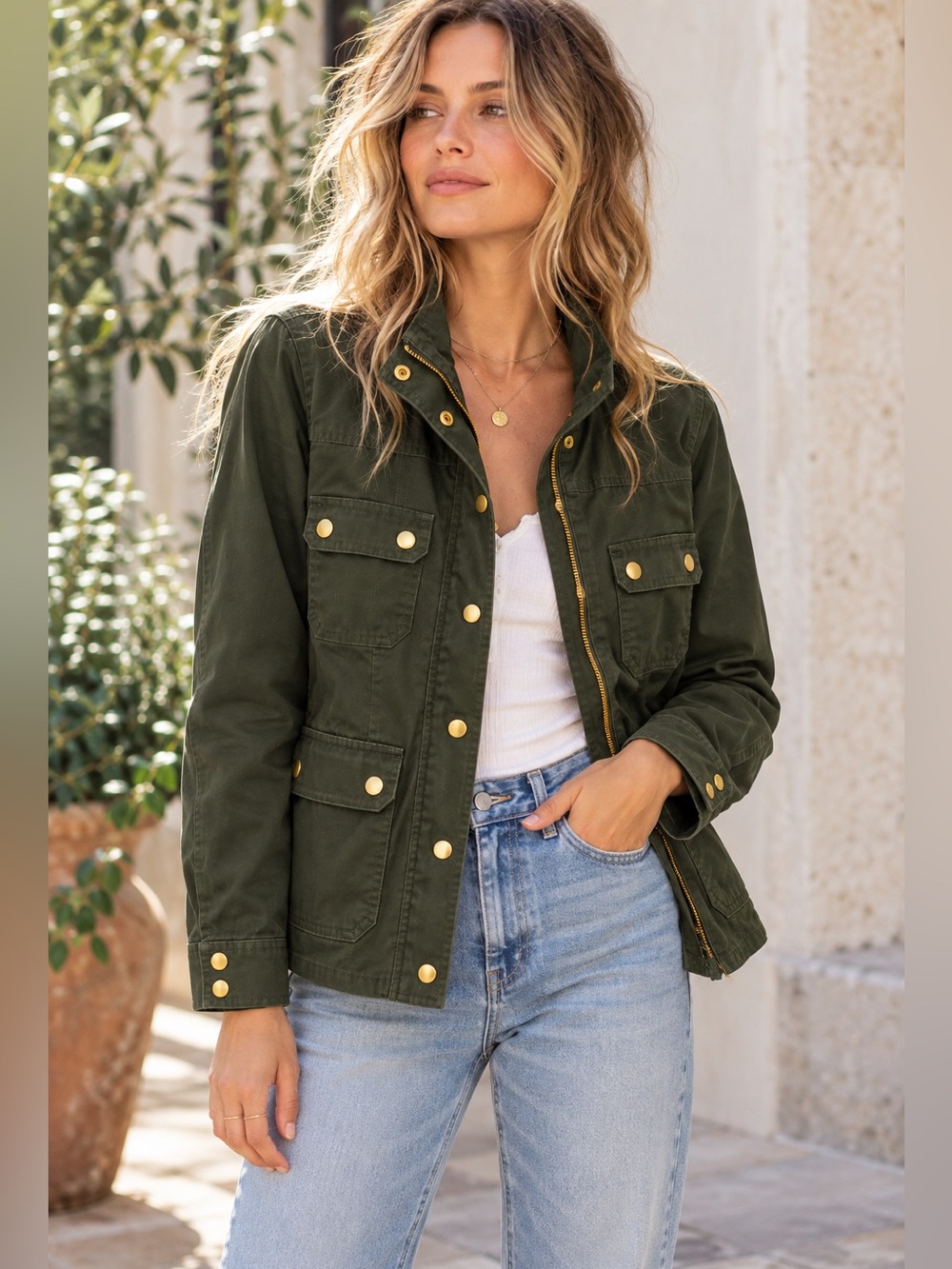 J.Crew AL223 Women Medium Olive Green Military Utility Field Jacket Gold Buttons